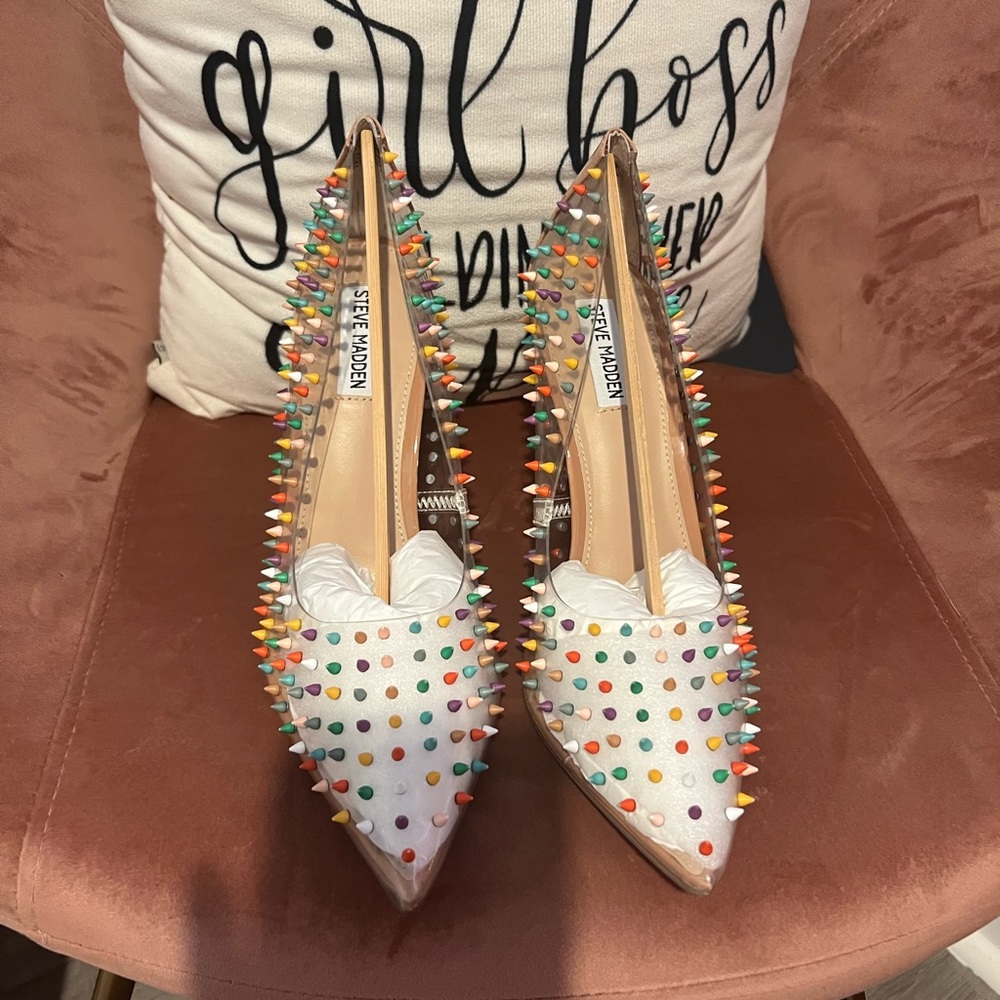 Steve Madden, clear-multi/color stones heels, size 11